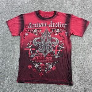 Vintage Y2K Archaic Affliction Shirt Mens L Red Black Cyber Grunge‎ Cross Punk